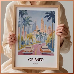 Póster de viaje de Orlando, Florida, impresión de mediados de siglo, arte mural moderno, decoración urbana minimalista, decoración ecléctica para el hogar, C35-144