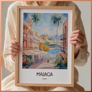 Lámina de viaje a Málaga, arte mural minimalista, decoración urbana en tonos pastel, decoración del hogar en España, regalo para amantes del arte, póster de viaje retro, C35-767