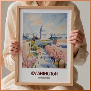 Washington DC Travel Print, Cityscape Art, Minimalist Wall Decor, Souvenir Gift, Pastel Toned Artwork, Retro Illustration, C35-498