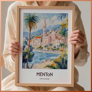 Menton Print, Menton Wall Art, France Travel Poster, Côte d&#39;Azur Art, South of France Decor, French Riviera Artwork, Minimalist, C35-745