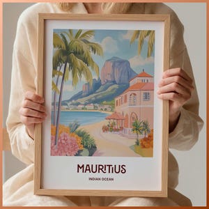Impresión de viaje a Mauricio, póster minimalista, arte del océano Índico, texto personalizado, regalo personalizado, regalo de boda, decoración de cumpleaños, C35-81