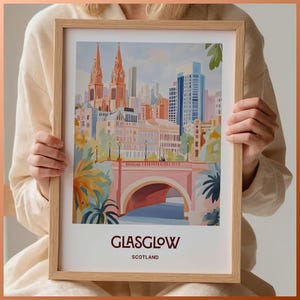 Glasgow Scotland Poster, Minimalist Glasgow Print, Pastel Cityscape Art, Scottish Home Decor, Retro Travel Wall Art, C35-184