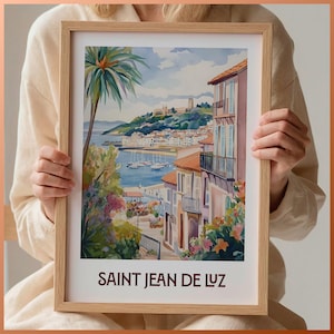 Saint Jean Luz France Print, Basque Country Art, Minimalist City Skyline, Pastel Travel Poster, Wall Decor, Unique Gift, C35-975