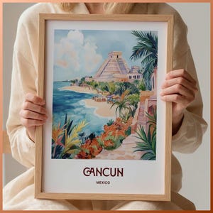 Impresión de póster de viaje a Cancún, arte mural minimalista de Cancún, decoración de paisaje urbano vintage, arte de viaje en tonos pastel, decoración costera de México, C35-664