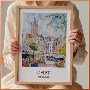 Delft Travel Print, Minimalist Wall Art, Netherlands Cityscape Decor, Pastel Art Print, Delft Gift, Retro Illustration, C35-839