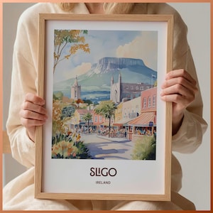 Sligo Print with Benbulben, Irish Cityscape Art, Minimalist Pastel Landscape, Retro Travel Poster, Hillview Prints, C35-408