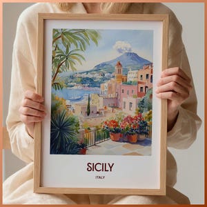 Sicilië reisposter kunst aan de muur, minimalistische Sicilië kust print, pastel landschapskunst, Italië muur decor, vintage reiscadeau, C35-771