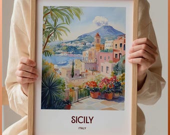 Sicily Travel Poster Wall Art, Minimalist Sicily Coast Print, Pastel Landscape Art, Italy Wall Decor, Vintage Travel Gift, C35-771