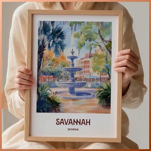 Póster de viaje de Savannah, arte mural del parque Forsyth, impresión moderna de mediados de siglo, paisaje urbano en tonos pastel, decoración paisajística de Georgia, C35-795