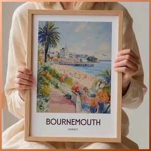 Bournemouth Reisedruck, Dorset Poster, minimalistisches Kunstwerk, individueller Text, personalisiertes Geschenk, Retro Stadtbild, C35-819