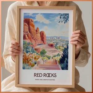 Red Rocks Park Travel Print Wall Art, Minimalist Colorado Art, Pastel Cityscape Decor, Retro Travel Poster, Unique Gift for Art, C35-578