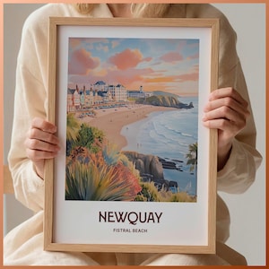 Impresión de viaje de Newquay, impresión artística de Cornualles, póster minimalista, paisaje urbano retro, regalo de cumpleaños, regalo de boda, decoración pastel, C35-659