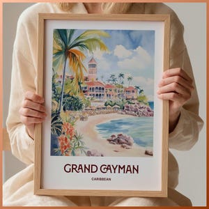 Grand Cayman Travel Poster, Retro Wall Art, Minimalist Caribbean Print, Vintage Cityscape Decor, Pastel Wall Art, C35-565