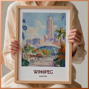 Impression d'affiche de voyage WINNIPEG, art canadien, décoration murale minimaliste, paysage urbain du Manitoba, illustration rétro, décoration d'intérieur pastel, C35-614