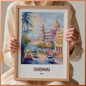 Póster de viaje de Chennai, arte mural minimalista, decoración moderna de mediados de siglo, arte de paisaje urbano, impresión de arte en colores pastel, ilustración de templo, C35-148
