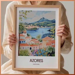 Azoren Reise Poster, minimalistische Wandkunst, Portugal Stadtansicht Dekor, Pastell Kunst, einzigartiges Geschenk für Kunstliebhaber, Retro Reise Poster, C35-178