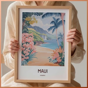 Maui Reise Poster, Hawaii Wandkunst, Road to Hana Dekor, Mid Century Moderner Druck, Minimalistische Maui Kunst, Pastell Stadtbild, C35-109
