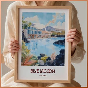 Blaue Lagune Island Poster, Minimalistischer Reisedruck, Pastellfarbenes Wohndekor, Retro Stadtbild, C35-784