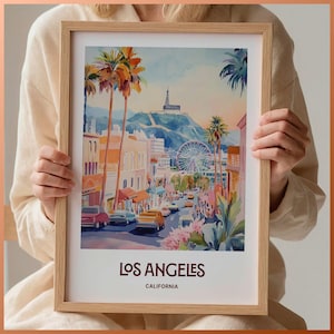 Los Angeles Reise Poster, Retro Wandkunst, LA Stadtbild Druck, Vintage California Dekor, Mid Century Kunst, minimalistische Wanddekoration, C35-147