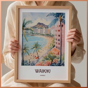 Impresión de Hawái, arte mural de Honolulu, obra de arte de surf de Waikiki, póster de viaje minimalista, paisaje urbano de EE. UU., regalo de inauguración de la casa, cumpleaños, C35-346