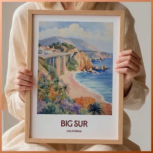 Big Sur Travel Print, California Wall Art, Minimalist Travel Poster, Pastel Artwork, Vintage Cityscape Decor, C35-898