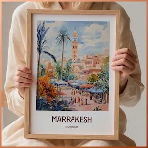 Impresión de viaje de Marrakech, póster de Marruecos, arte minimalista, texto personalizado, regalo personalizado, decoración de paisaje urbano retro, C35-913
