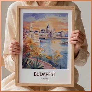Budapest Reisedruck, Ungarn Stadtbild, Minimalistisches Wanddekor, Pastell Kunstwerk, Einzigartiges Geschenk für Reisende, C35-608