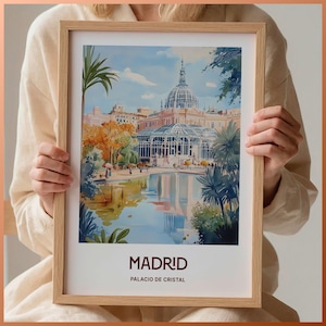 Impresión de viaje a Madrid, Arte del Palacio de Cristal, Póster minimalista de Europa, Paisaje urbano en tonos suaves, Arte mural de España, Regalo de inauguración, C35-397