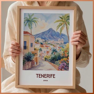 Fuerteventura Wandbild, minimalistische Wandkunst, Pastell Stadtansicht Dekor, Spanien Geschenk für Kunstliebhaber, Retro Reise Poster, C35-154
