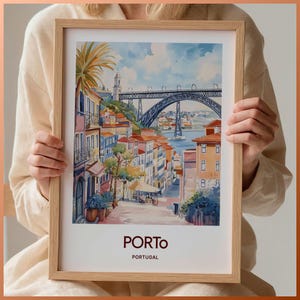 Impresión de viaje de Oporto, arte mural de Portugal, ilustración minimalista de Oporto, póster de paisaje urbano en tonos pastel, decoración de viaje retro, regalo único, C35-327