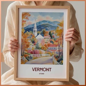 Impresión de viaje de Vermont, póster de Stowe, arte minimalista, paisaje urbano en tonos pastel, texto personalizado, regalo personalizado, regalo de cumpleaños único, C35-730