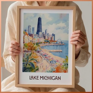 Lake Michigian Poster, Minimalistische Stadtlandschaft Kunstdruck, Pastell Wanddekoration, Retro Reise-Stil, verschiedene Größen erhältlich, C35-260