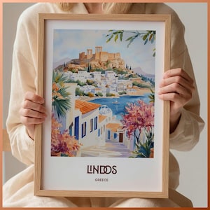 Lindos Griechenland Reisedruck, minimalistisches Poster, benutzerdefinierter Text Hochzeitsgeschenk, personalisiertes Geburtstagsgeschenk, Retro Stadtbildkunst, C35-881