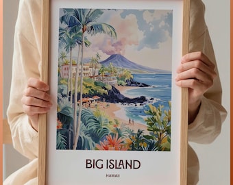 Big Island Travel Print, Minimalist Wall Art, Hawaii Home Décor, Pastel Cityscape Artwork, Gift for Art Lovers, C35-458