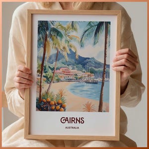 Poster di viaggio di Cairns, stampa australiana, arte murale del Queensland, illustrazione minimalista di Cairns, arte di viaggio estetica vintage, C35-671