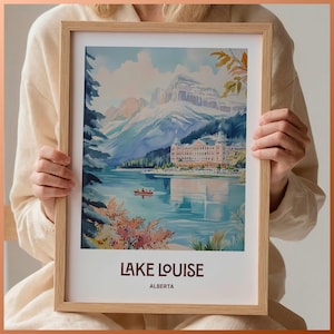 Lake Louise Travel Poster Print, Alberta Canada Minimalist Wall Art, Pastel Cityscape Decor, Retro Illustration Art, C35-287