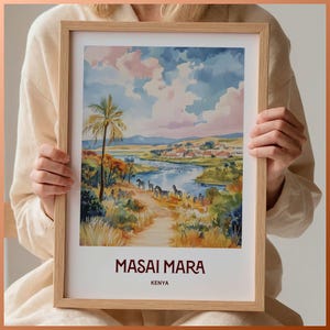 Masai Mara National Park Print, Minimalist Africa Wall Art, Kenya Travel Poster, Pastel Illustration, Home Decor, ID 107, C35-598