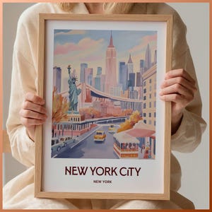 Impresión del horizonte nocturno de Nueva York, arte de pared minimalista de viaje, póster de paisaje urbano en tonos pastel, decoración retro para el hogar, obra de arte serena, C35-120