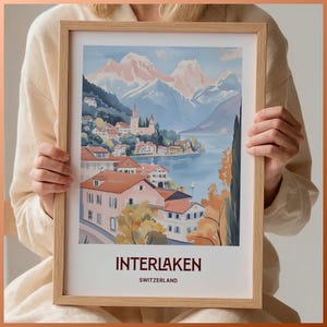 Impresión de viaje a Interlaken, póster de Suiza, arte mural minimalista, paisaje urbano en tonos pastel, regalo de boda o cumpleaños, C35-143