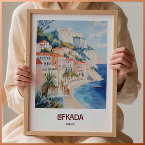 Lefkada Travel Print, Greece Wall Art, Minimalist Pastel Cityscape, Home Decor, Gift for Art Lovers, Retro Travel Poster, C35-661