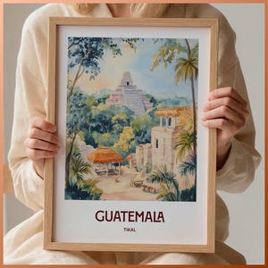 Póster de viaje vintage de Guatemala, impresión artística de Tikal Maya, decoración minimalista para el hogar, arte mural tropical, tamaños de 8 x 10 a 24 x 36, C35-646