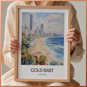 Gold Coast Reise Poster, Minimalistische Kunst, Pastellfarbenes Stadtbild, Australien Poster, Einzigartiges Geschenk für Kunstliebhaber, C35-901