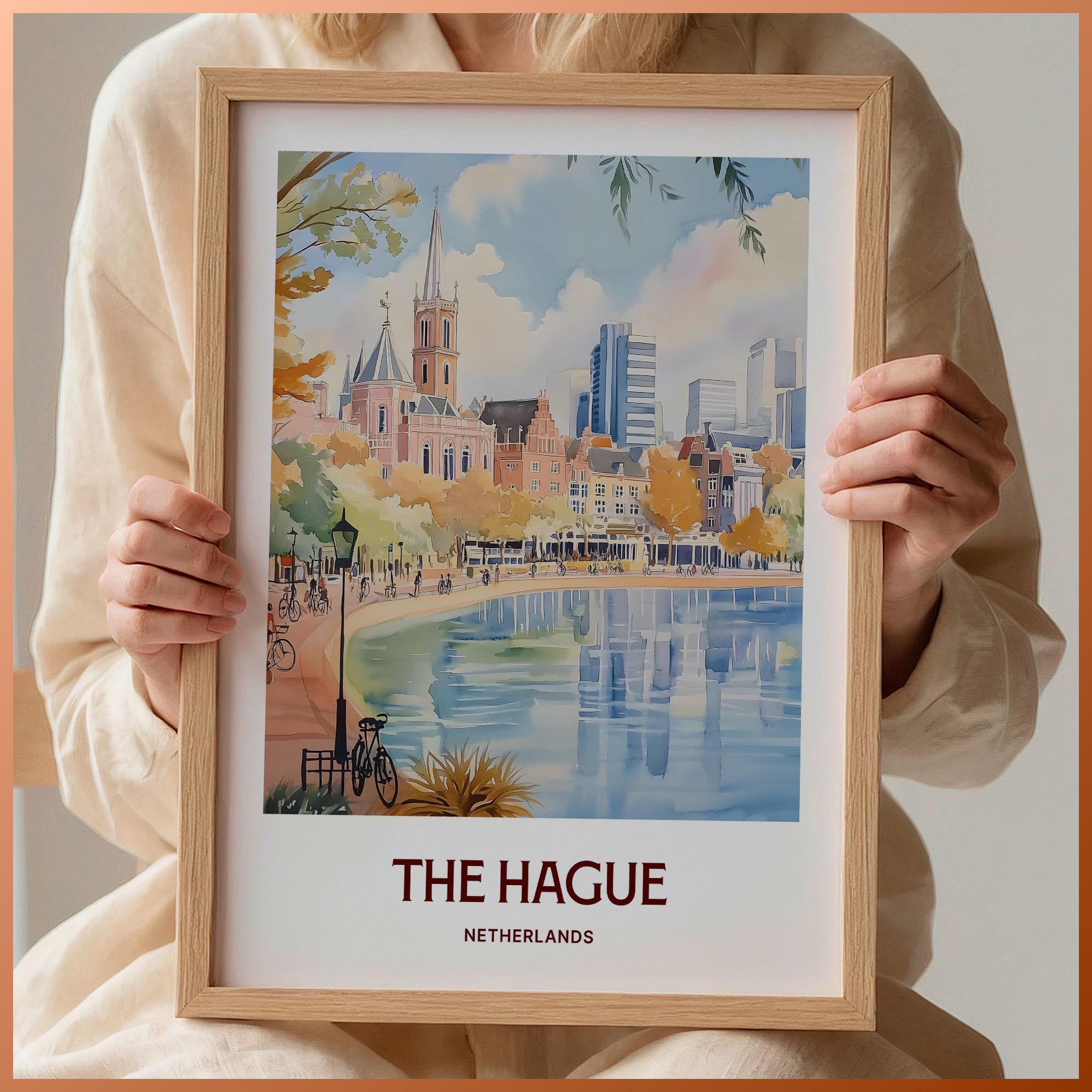 The Hague Travel Print, Minimalist Wall Art, Pastel Cityscape Decor, Retro Travel Poster, Gift for Art Lovers, Home Decoration, C35-831