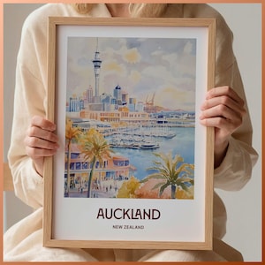 Impresión de Auckland, arte costero de Nueva Zelanda, póster de viaje, arte mural minimalista, paisaje urbano en tonos pastel, regalo de inauguración, decoración de cumpleaños, C35-777