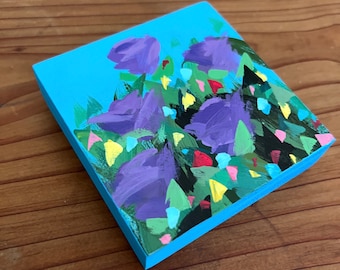 Purple Flowers mini painting on wood 4"x4"