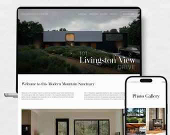 Op de afbeelding: Een schermafbeelding van een website die een modern huis met een zwarte buitenkant en een oprit toont. De website heeft de titel "101 Livingston View Drive" en de tekst "Welkom in dit moderne bergsanctuarium" wordt onder de afbeelding weergegeven. De website is ontworpen met behulp van een Squarespace 7.1-sjabloon.