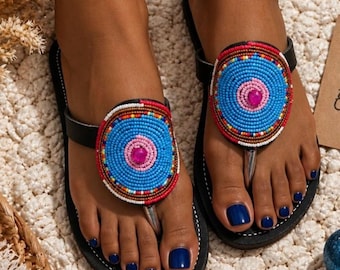 Sandalia de verano de piel con abalorios y flores azules para mujer, talla 38 EU