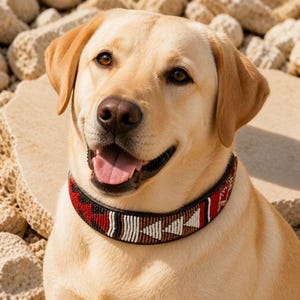 Könnte beinhalten: Ein gelber Labrador Retriever trägt ein Hundehalsband mit einem detaillierten geometrischen Muster aus kleinen roten, schwarzen, weißen und braunen Perlen. Das Halsband liegt eng am Hals des Hundes an und zeigt ein sich wiederholendes Dreiecksmuster.