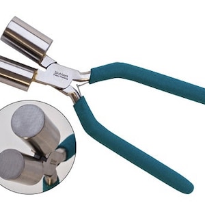 May include: A pair of teal-colored pliers with a silver metal head. The head has two round, smooth, silver metal cylinders. The pliers are designed for crimping jewelry.