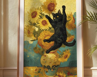 ヴィンテージひまわり猫油絵プリント | ゴッホのひまわり静物画